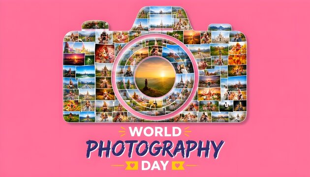 World Photography Day Advertising Banner with Photo Collage Shaping a Camera Silhouette