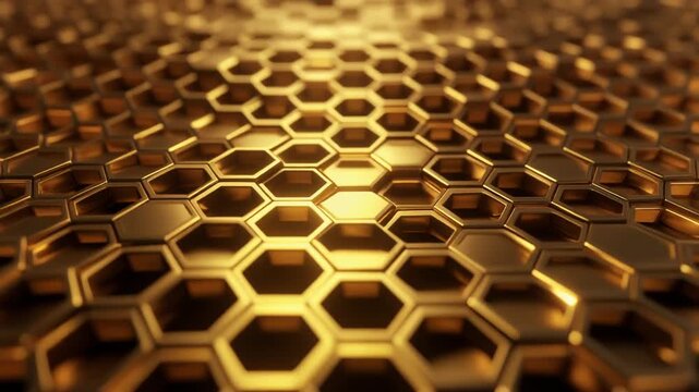 Golden honeycomb hexagonal pattern with reflective texture, symbolizing structure, symmetry, and natural design in abstract metallic style.