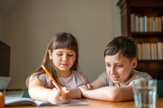 Brother helping sister with homework during home education