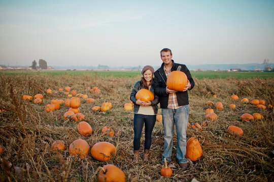 Happy couple holding pumpkins in a farm field.