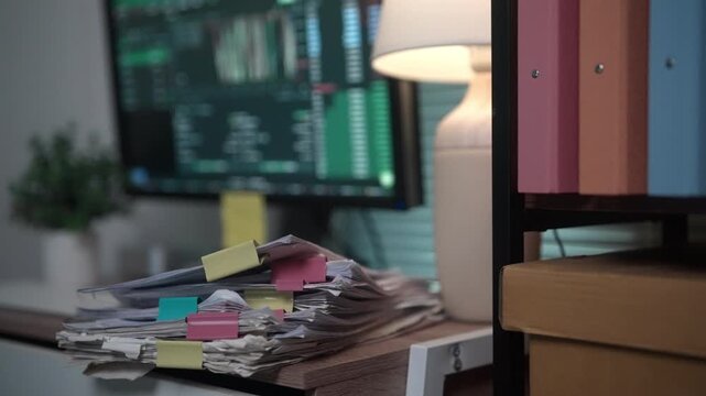 Close-up video of organized business documents stacked on a modern office desk without people. Ideal for illustrating document management, office administration, corporate workflow, business records, 