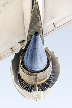 Looking straight up at a commercial jet engine