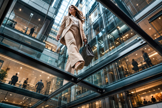 Walking confidently through a modern office building
