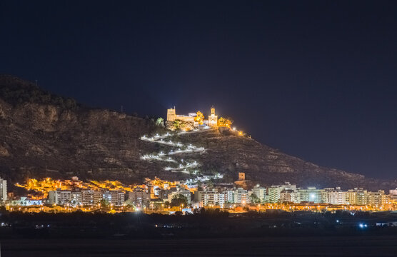 Night Photography of Historic Cullera Castle and Fortress Wall