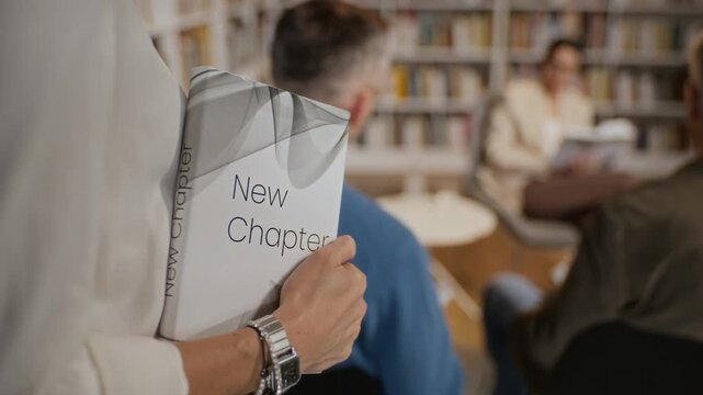 Woman holding book titled New Chapter during presentation in library with blurred audience. Clip is suitable for promoting book launches, publishing, or educational events, handheld