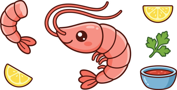 Cute cartoon shrimp vector set featuring whole prawn with whiskers peeled shrimp meat lemon wedges parsley leaf and dipping sauce bowl