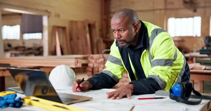 Architect, writing or black man with laptop for blueprint planning or wood construction development. Male person, mature contractor or documents on computer for problem solving or architecture design