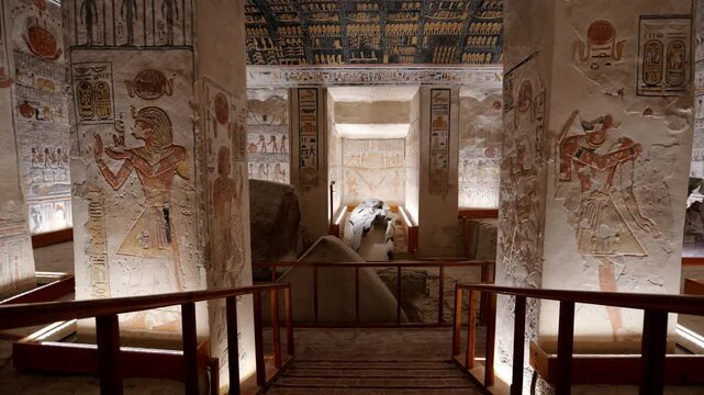 Broken stone sarcophagus of an ancient Egyptian pharaoh Ramesses inside a royal burial chamber of royal tomb KV 9, Valley of the Kings, Luxor, Egypt.