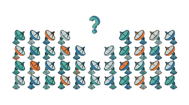 Set of satellite dishes in a grid with a missing piece and question mark representing signal search and connectivity