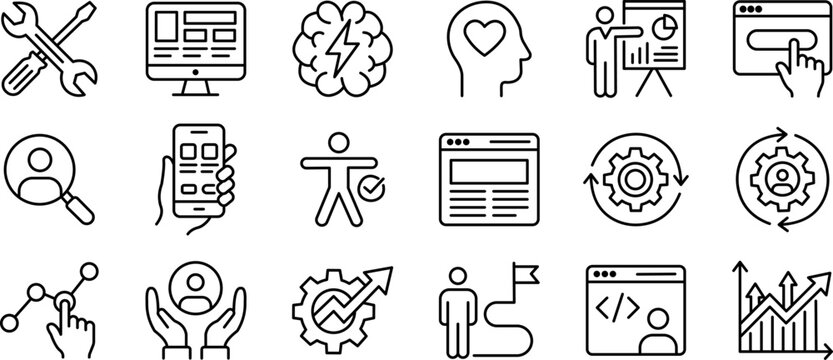 Product design icons set with user experience development and management elements