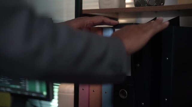 Close-up video of an employee's hand retrieving a file binder from an office shelf. Ideal for illustrating document management, business administration, office workflow, record keeping, corporate orga