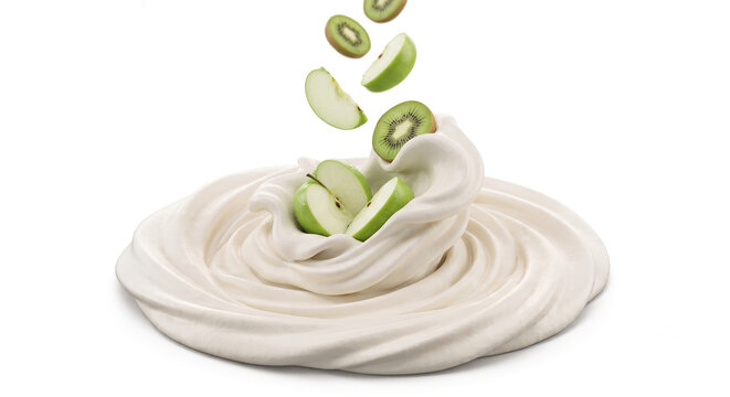Distant shot of green apple and kiwi slices falling into thick dairy puree with a clean splash