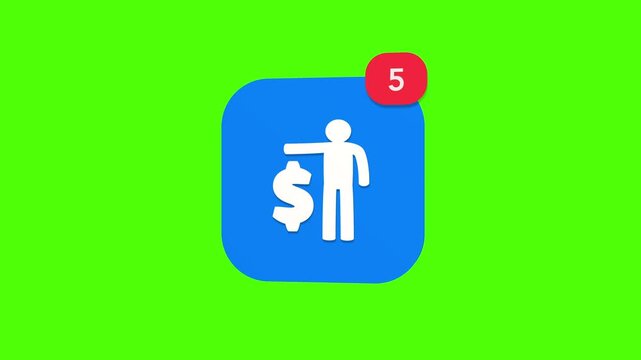3D blue full body human silhouette standing confidently next to a large dollar money symbol notification icon popping up on green screen.
