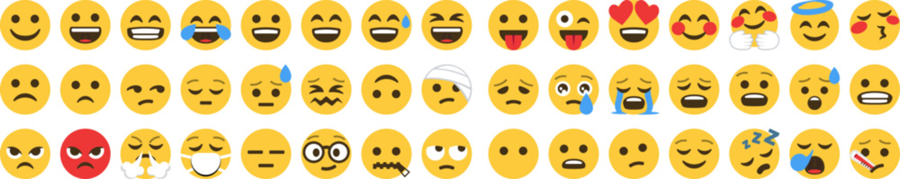 Emoji face icon set with happy, sad, angry, laughing, and expressive emotions. Cute cartoon smiley collection perfect for messaging apps, social media, stickers, and user interface design projects. 