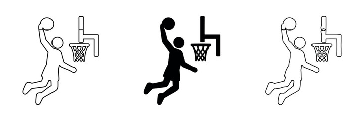 Basketball player dunking icon in outline, solid, and hand-drawn styles © Ophelia