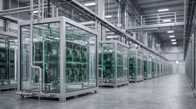 Enterprise liquid immersion cooling data center with transparent server tanks 3D illustration with copy space
