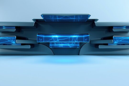 Futuristic vehicle rear view. Blue energy glows, sleek design, metallic surfaces dominate composition. Minimalist aesthetic, modern technology evident.