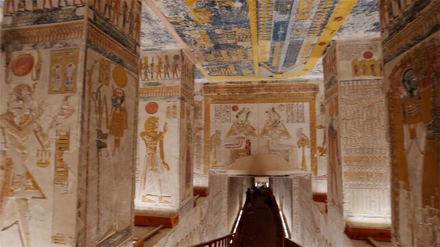 Descending staircase inside an ancient Egyptian royal tomb KV 9, Valley of the Kings, vibrant hieroglyphics and colorful walls and ceiling, Luxor, Egypt.
