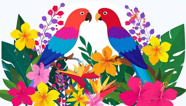 Vibrant tropical parrot perched among colorful flowers.