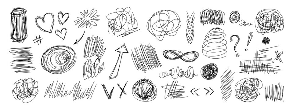 Messy pen doodles and scribbles create chaotic hand-drawn lines vector illustration set. Perfect notebook design, journal frames, creative graphic element authentic handwritten texture collection.