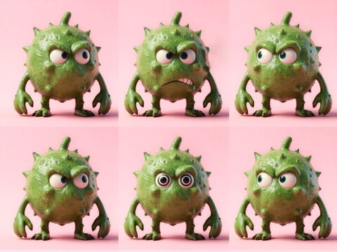 Olive Green Thorny Asteroid Microbe Six Pose Expression Sheet