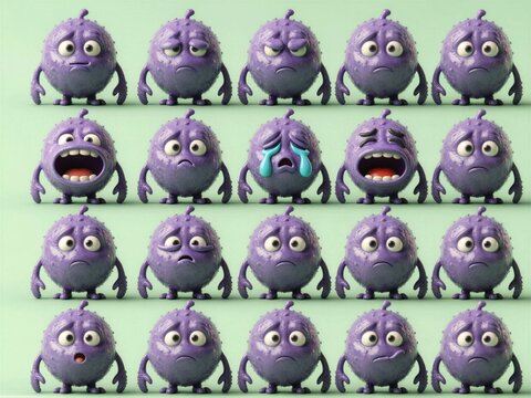 Lilac Wrinkle-skin Microbe Fifteen Pose Expression Sheet