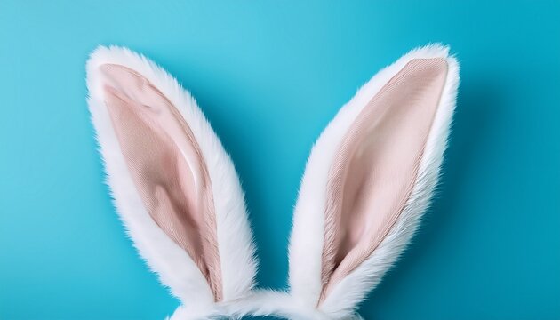 White Rabbit Ears On A Light Blue Background With Copy Space Easter Minimalism