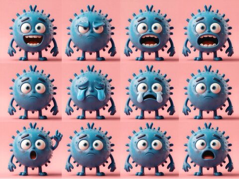 Blue Prickly Sphere Microbe Fifteen Pose Expression Sheet
