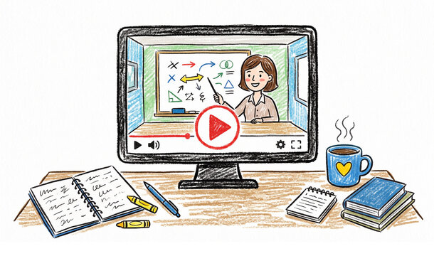 Online virtual classroom video lesson on monitor screen with teacher art.