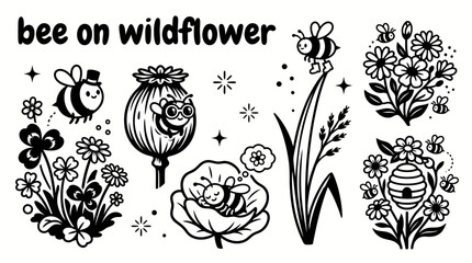 Honey bee on wildflower meadow landscape environment with natural botanical scenery wildlife ecosystem and outdoor nature atmosphere for commercial vector illustration design © Ethan