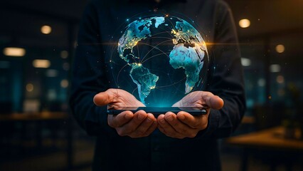 Fototapeta premium Businessman holding glowing digital earth representing global communication and technology