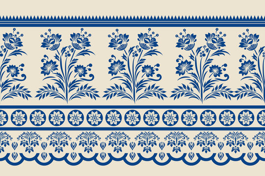 Seamless Floral Border Pattern, Vintage Ethnic Folk Flower Ornaments, Bohemian African Ikat Embroidered Ribbon Vector Art for Fashion Scarves, Fabric Textile Prints, Wallpaper,  Ceramic Tiles, Station