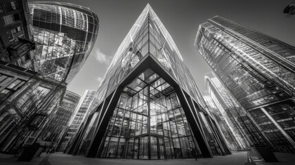 Fototapeta premium Modern Architectural Marvels in Urban Environment Featuring Glass Facades and Contrasting Structures Captured in Black and White Perspective