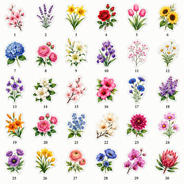 30 Colorful Flower Sticker Collection Isolated on White Background