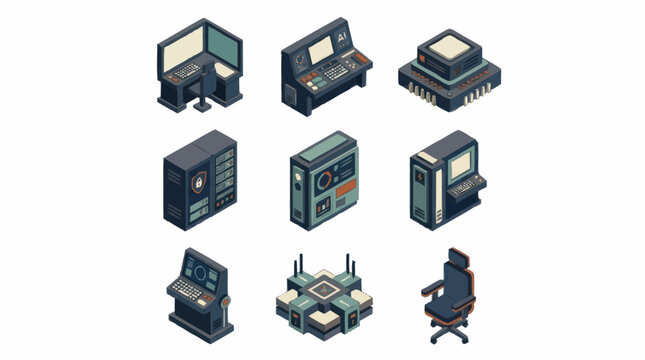 Isometric collection of vintage computer hardware and office equipment.