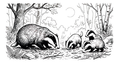 Vintage badger family illustration, black and white woodland animal vector, hand drawn forest wildlife scene with badger cubs and mother © sajida