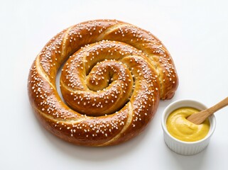 Fototapeta premium Spiral Pretzel with Mustard Dip on White Background