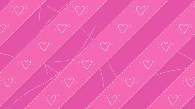 手書きのハートが光るステッチの入ったテープが、ストライプ状に動くピンク色のかわいいループ背景