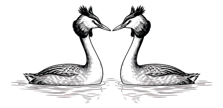 Vintage hand drawn great crested grebe pair, antique engraving style waterfowl illustration, black and white bird sketch for nature branding