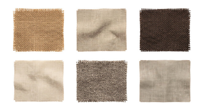 Set of rustic burlap fabric swatches on a transparent background PNG