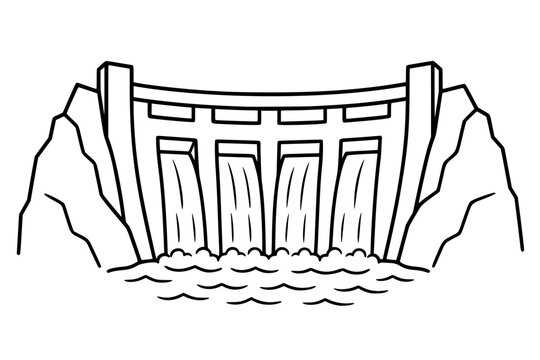 Mountain hydro dam vector icon illustration, clean hand-drawn outline with cascading spillways, rocky gorge and waves, scalable renewable power design for water energy project planning