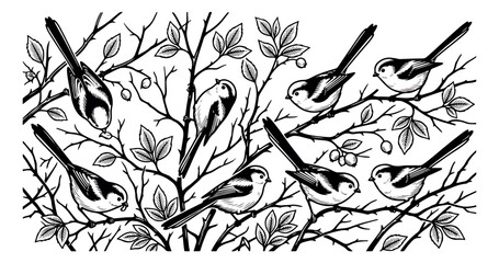 Vintage woodcut birds on branches vector, black and white songbirds in garden bushes, hand drawn botanical nature illustration for print © sajida