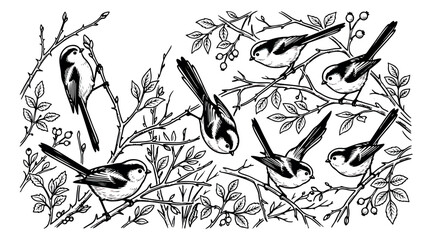 Vintage woodcut birds on branches vector, black and white long-tailed tit illustration, hand drawn songbirds in nature scene, botanical garden engraving © sajida