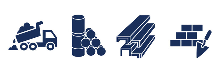 Construction Building Supply Icons Showing Dump Truck Steel Beam Rebar and Bricks for Commercial Design © ARIF AHMED 05