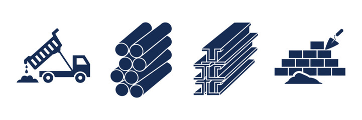 Construction Building Materials Icon Set Featuring Dump Truck Rebar Steel Beam and Bricks for Industrial Design © ARIF AHMED 05