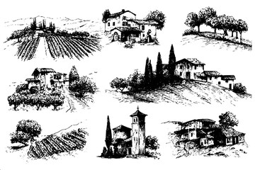Obraz premium Black and white engraving set of Tuscan countryside villas, vineyards and cypress trees, perfect for Italy travel, wine labels and rustic decor