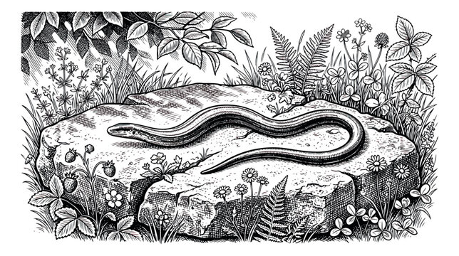 Vintage woodcut illustration of a slow worm on a rock, antique engraving of a legless lizard in nature, black and white wildlife vector art