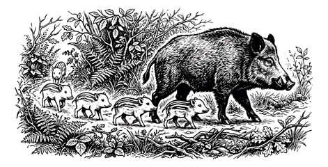 Vintage wild boar family engraving, antique woodcut illustration of sow with piglets in forest, black and white wildlife etching vector © sajida