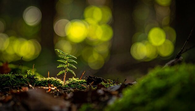 Close up of green moss covered forest floor with small yellow mushrooms.