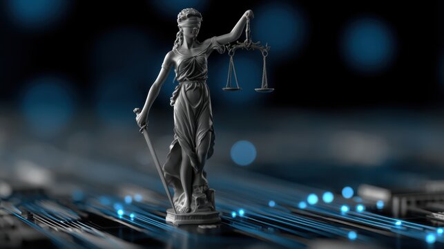 A symbolic statue of Lady Justice stands blindfolded, holding scales and a sword, set against a digital, futuristic background with glowing blue lights.